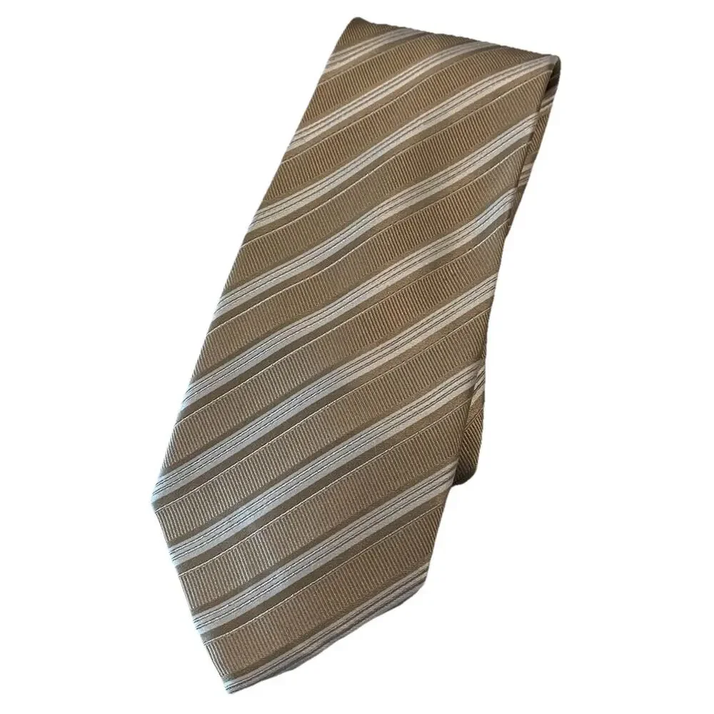 Fabio Ferretti Italy Handmade Men’s Silk Tie Tan Gold & White Diagonal Striped